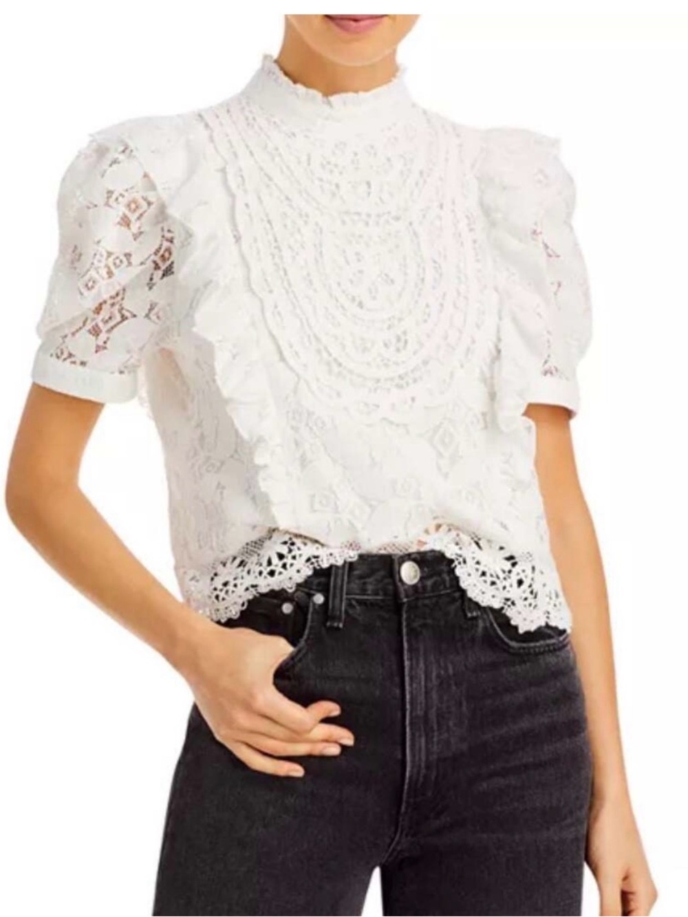 Aqua White Lace Ruffled Short-Sleeve Top size L